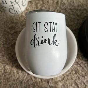 Metal wine glass with hard plastic cover on it- SIT STAY DRINK 13 fluid ounce